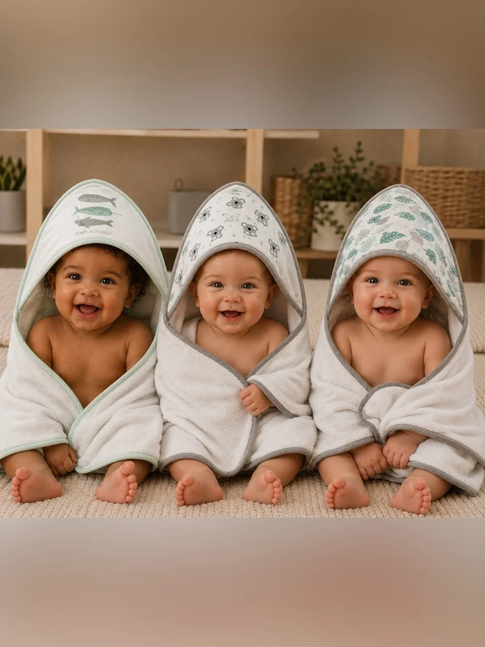 Hooded Baby Towel Wrap - White with Green Trim